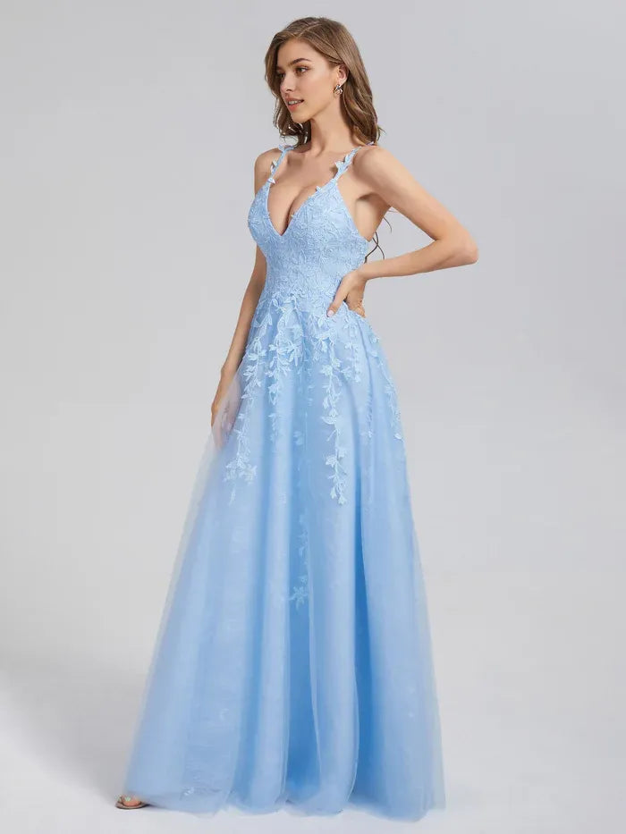 Blue V-neck Backless Appliques Prom Dresses