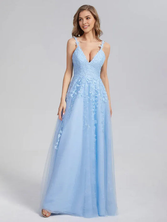Elegant Red Applique A-Line V-Neck Classic-Sleeve Backless Floor-Length Prom Dress