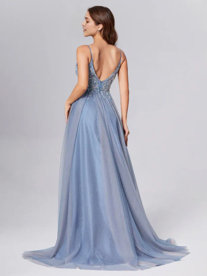Blue backless long slit bead Prom Dresses