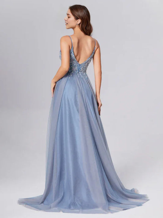 Elegant Red Slit A-Line Classic-Neck Classic-Sleeve Backless Floor-Length Prom Dress