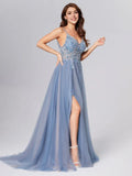 Blue backless long slit bead Prom Dresses