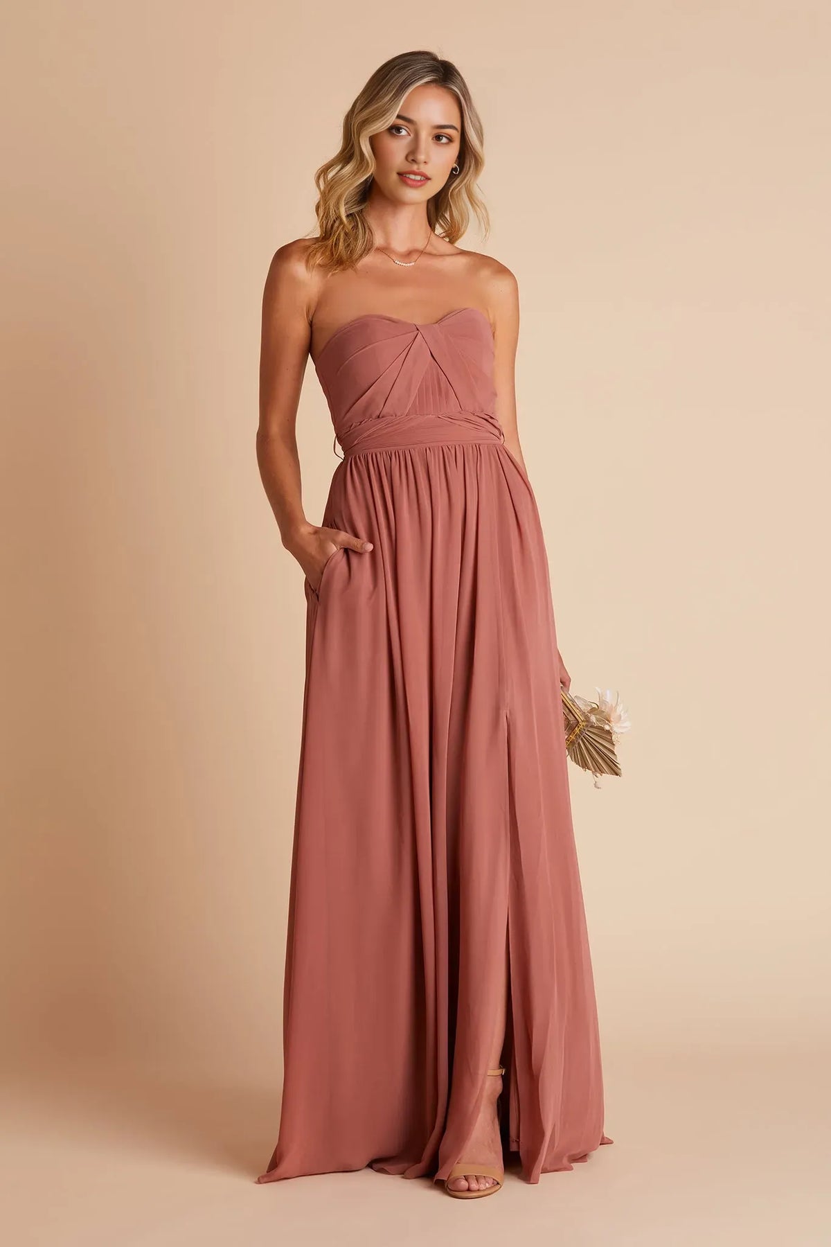 Blush Strapless Prom Dress Ruched Bodice Side Slit for Whimsical Forest Themed Formal Gatherings