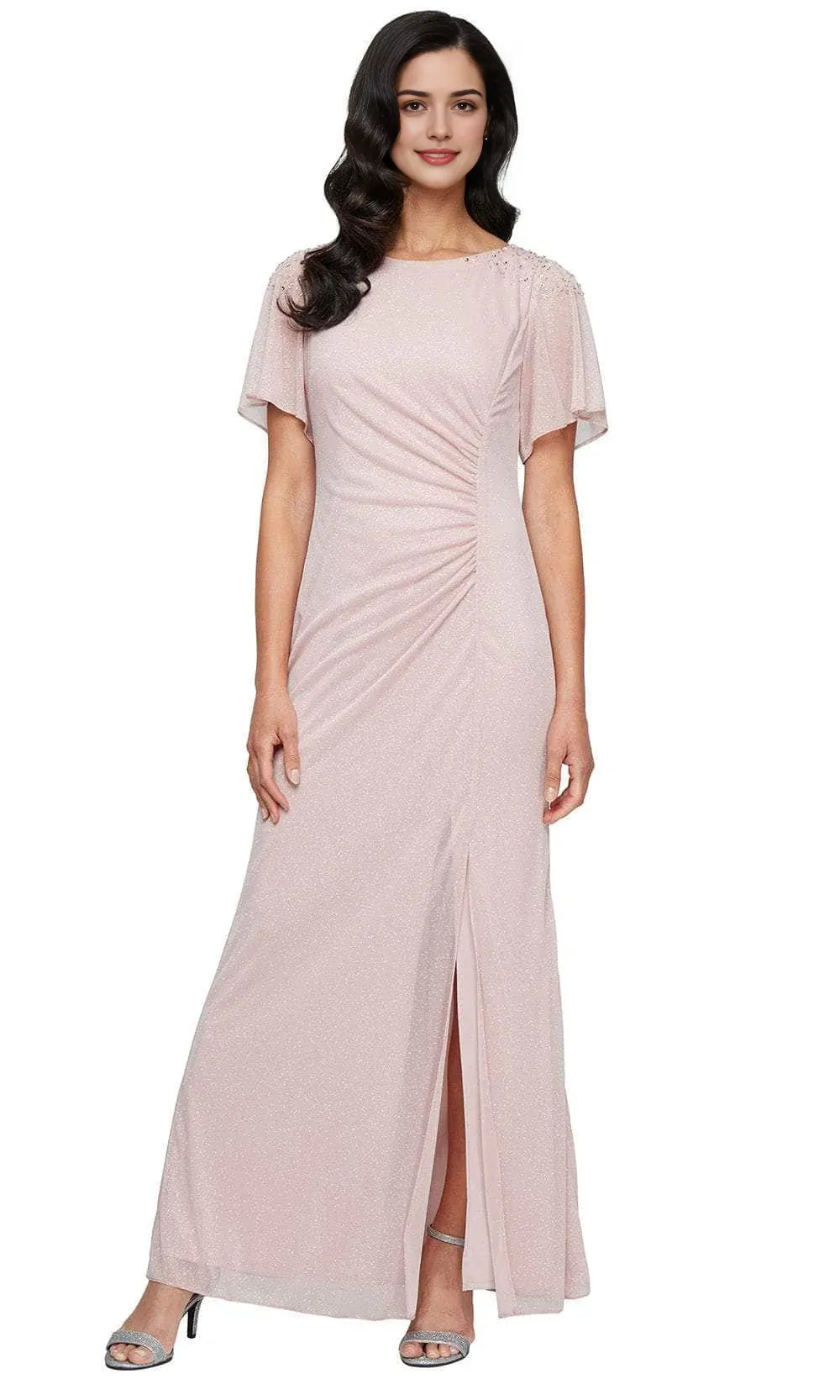 Blush Glittery Evening Dress with Shoulder Detail Flutter Sleeves and Side Ruche Slit for Elegant Occasions