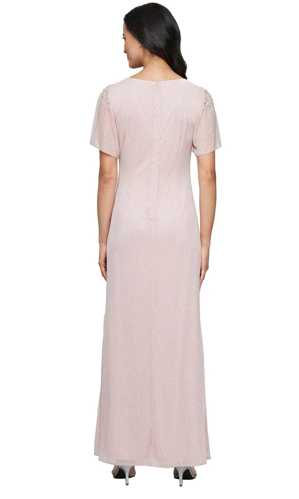 Blush Glittery Evening Dress with Shoulder Detail Flutter Sleeves and Side Ruche Slit for Elegant Occasions
