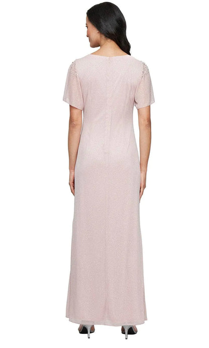 Elegant Red Beaded A-Line Classic-Neck Classic-Sleeve Classic-Back Floor-Length Evening Dress