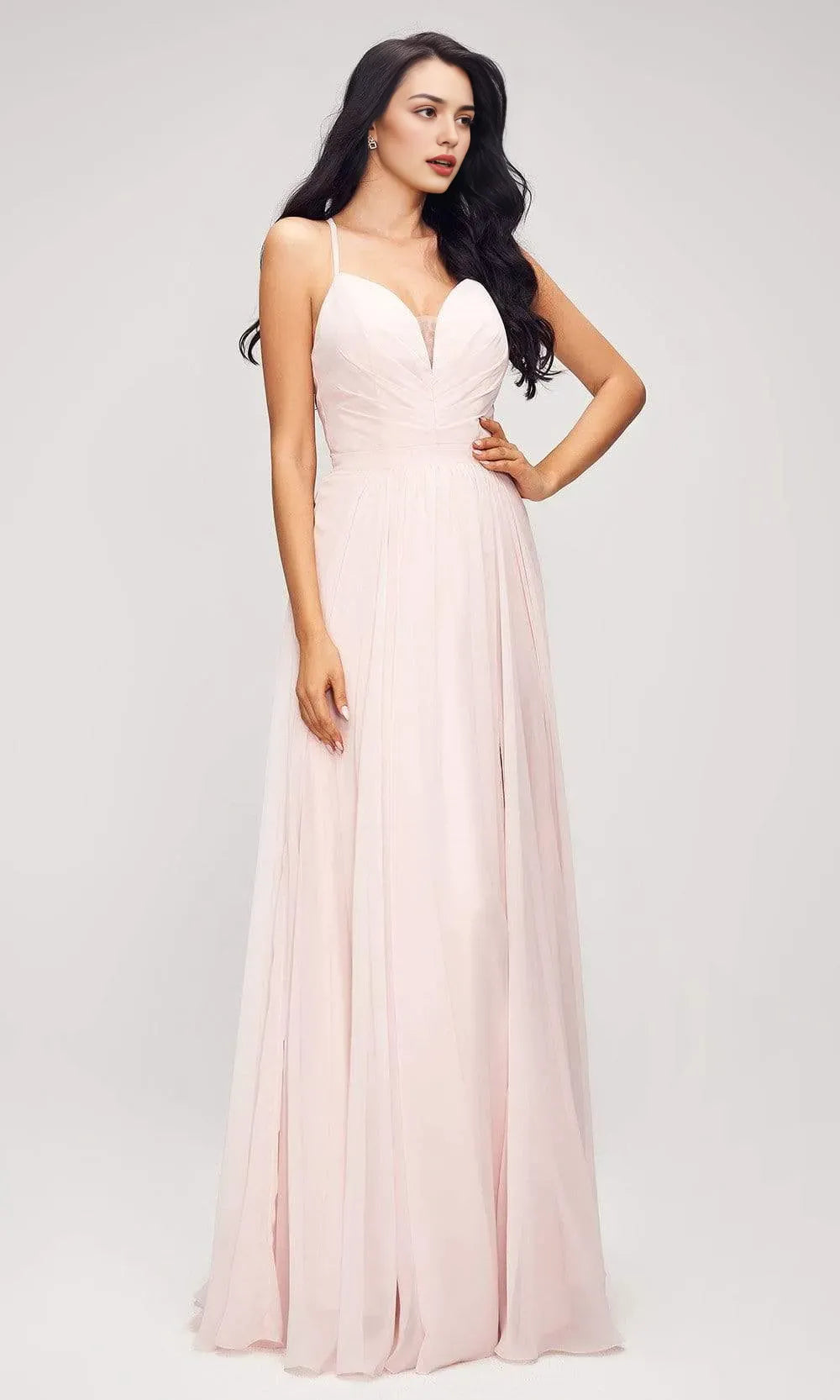 Blush Pink Evening Dresses with Plunging V - Neck Spaghetti Straps Ruched Design and Dramatic Side Slit