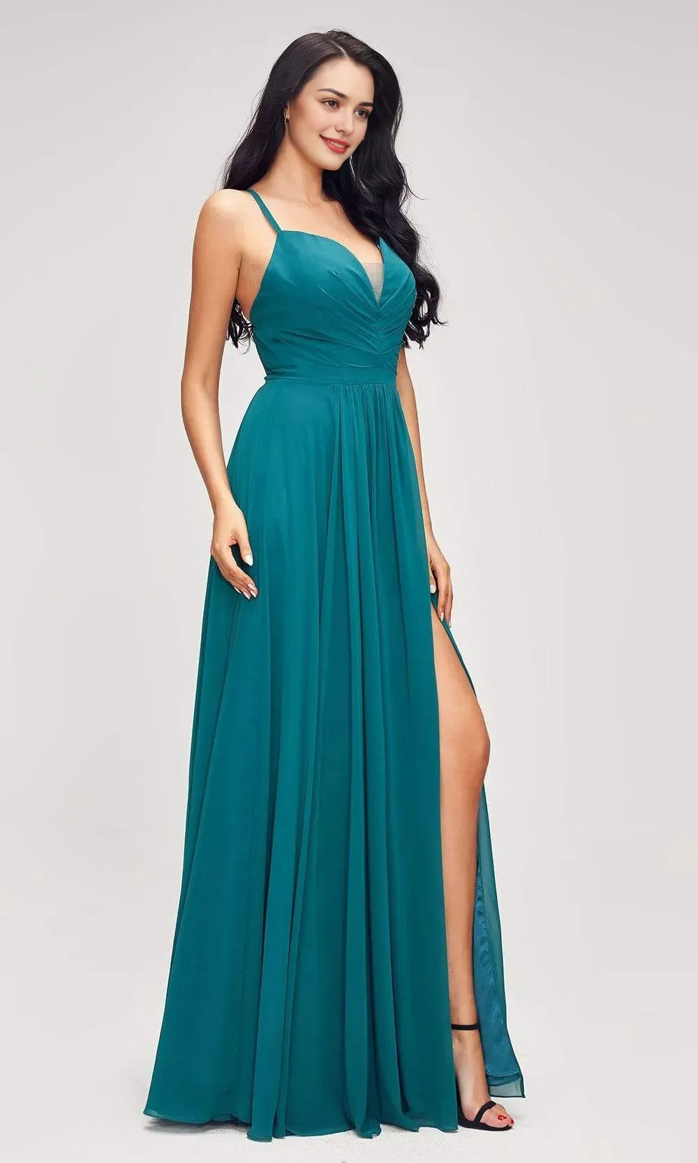 Blush Pink Evening Dresses with Plunging V - Neck Spaghetti Straps Ruched Design and Dramatic Side Slit