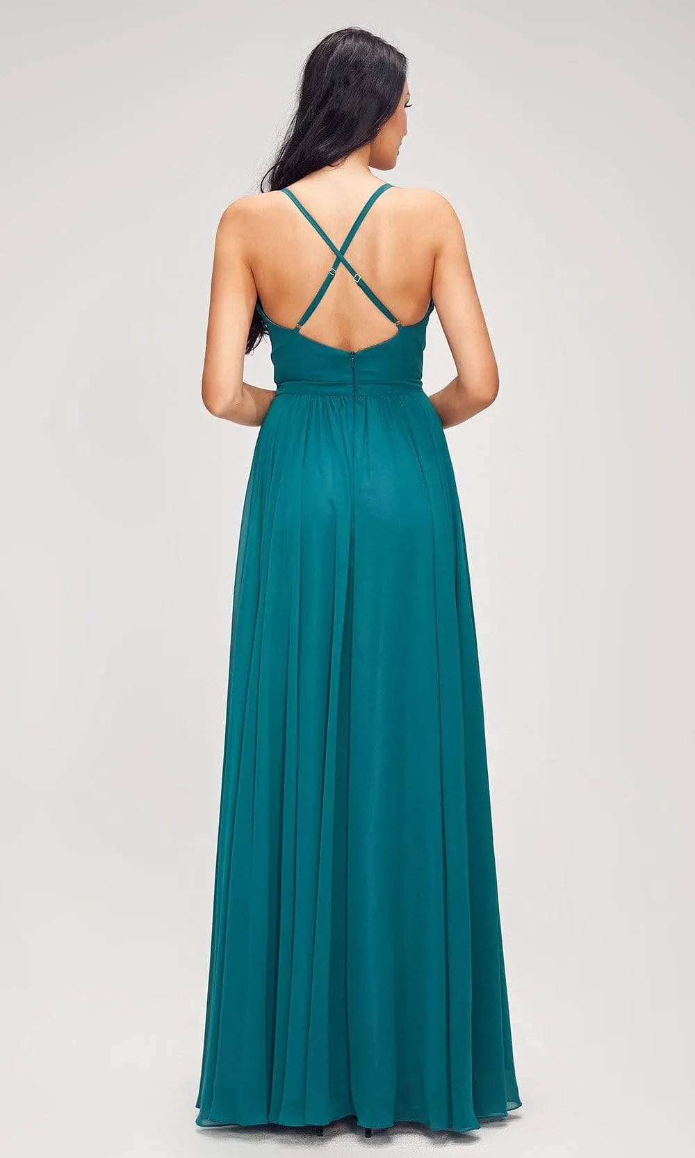 Blush Pink Evening Dresses with Plunging V - Neck Spaghetti Straps Ruched Design and Dramatic Side Slit