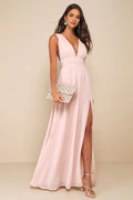 Blush Pink Prom Dress with Plunging V - Neck Ruched Bodice and High Side Slit for Formal Occasions