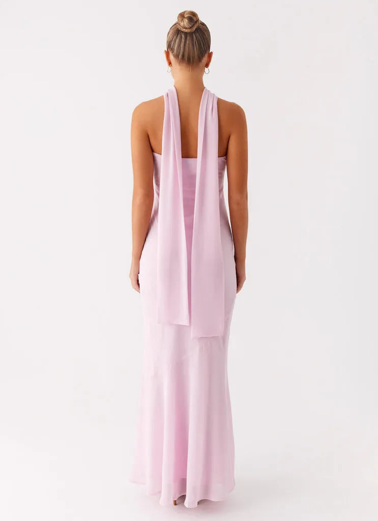 Blush Pink Prom Dress with Strapless Neckline Halter Neck Tie Mermaid Hem and Floor Length Silhouette for Formal Occasions