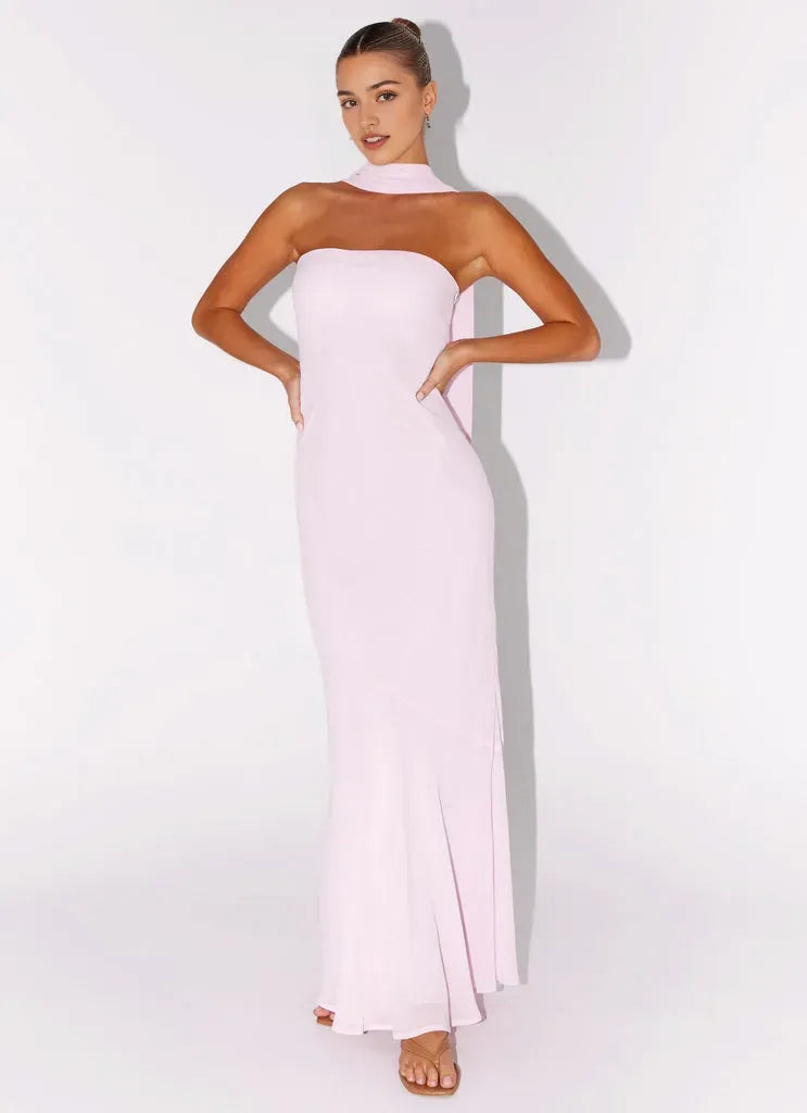 Blush Pink Prom Dress with Strapless Neckline Halter Neck Tie Mermaid Hem and Floor Length Silhouette for Formal Occasions