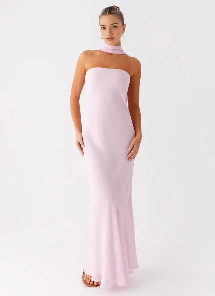 Blush Pink Prom Dress with Strapless Neckline Halter Neck Tie Mermaid Hem and Floor Length Silhouette for Formal Occasions