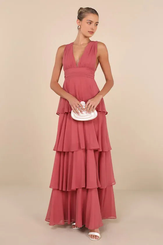 Blush Pink Tiered Evening Dresses with Plunging V - Neck Sleeveless Design Perfect for Dreamy