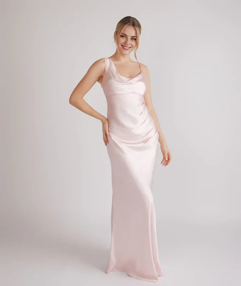 Graceful Stylish Refined Beautiful Timeless Elegant Satin Cowl Sleeveless Mini Bridesmaid Dress