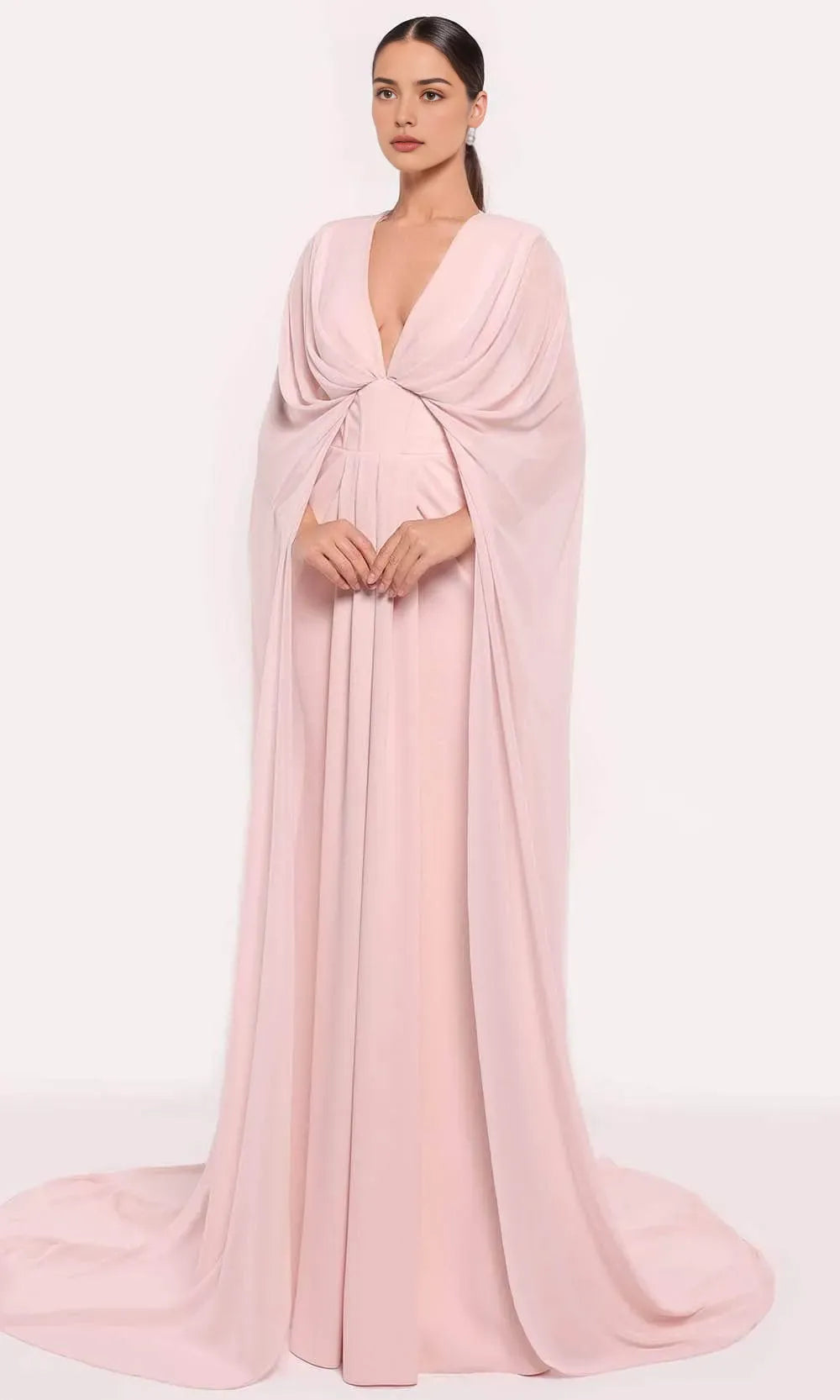 Blush Pink Evening Gown with Plunging V - Neck Draped Cape Sleeves and Twist Front Detail for Red Carpet Worthy Occasions