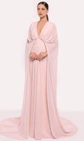 Blush Pink Evening Gown with Plunging V - Neck Draped Cape Sleeves and Twist Front Detail for Red Carpet Worthy Occasions