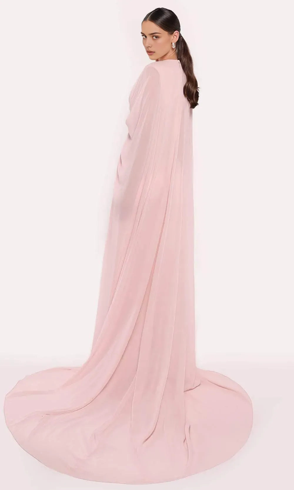Blush Pink Evening Gown with Plunging V - Neck Draped Cape Sleeves and Twist Front Detail for Red Carpet Worthy Occasions