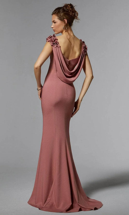 Elegant Light-Blue Floral Mermaid Classic-Neck Long-Sleeve Classic-Back Floor-Length Evening Dress