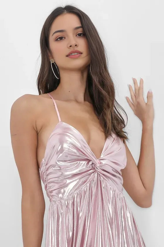 Blush Pink Metallic Prom Dress Twist-Front Bodice Plunging V-Neck High-Thigh Slit Flowy Metallic Skirt Perfect for Formal Galas