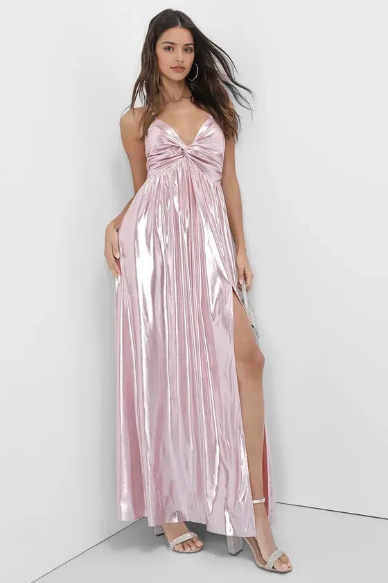 Blush Pink Metallic Prom Dress Twist-Front Bodice Plunging V-Neck High-Thigh Slit Flowy Metallic Skirt Perfect for Formal Galas