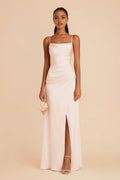 Blush Pink Cowl Neck Prom Dress Spaghetti Strap Gown with Side Slit for Ethereal Elegance