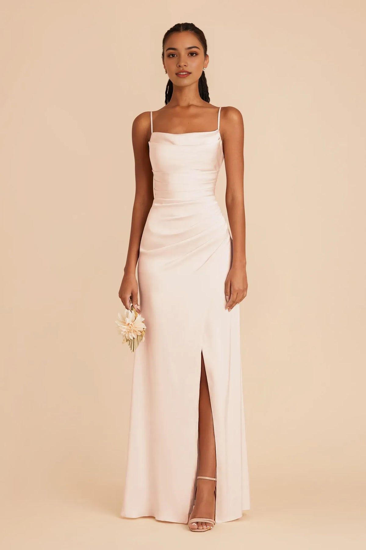 Blush Pink Cowl Neck Prom Dress Spaghetti Strap Gown with Side Slit for Ethereal Elegance