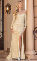 Gold Glitter Off Shoulder Evening Dress with Long Sleeves Ruched Bodice and High Thigh Slit for Glamorous Occasions