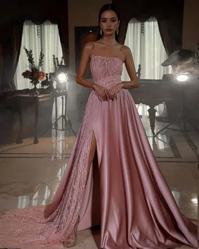 Blush Pink Evening Gown Strapless Bodice High Side Slit