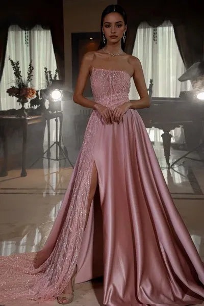 Blush Pink Evening Gown Strapless Bodice High Side Slit