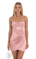Blush Pink Homecoming Dress with Cowl Neckline Spaghetti Straps and Asymmetric Draped Skirt Ideal for a Stylish Statement