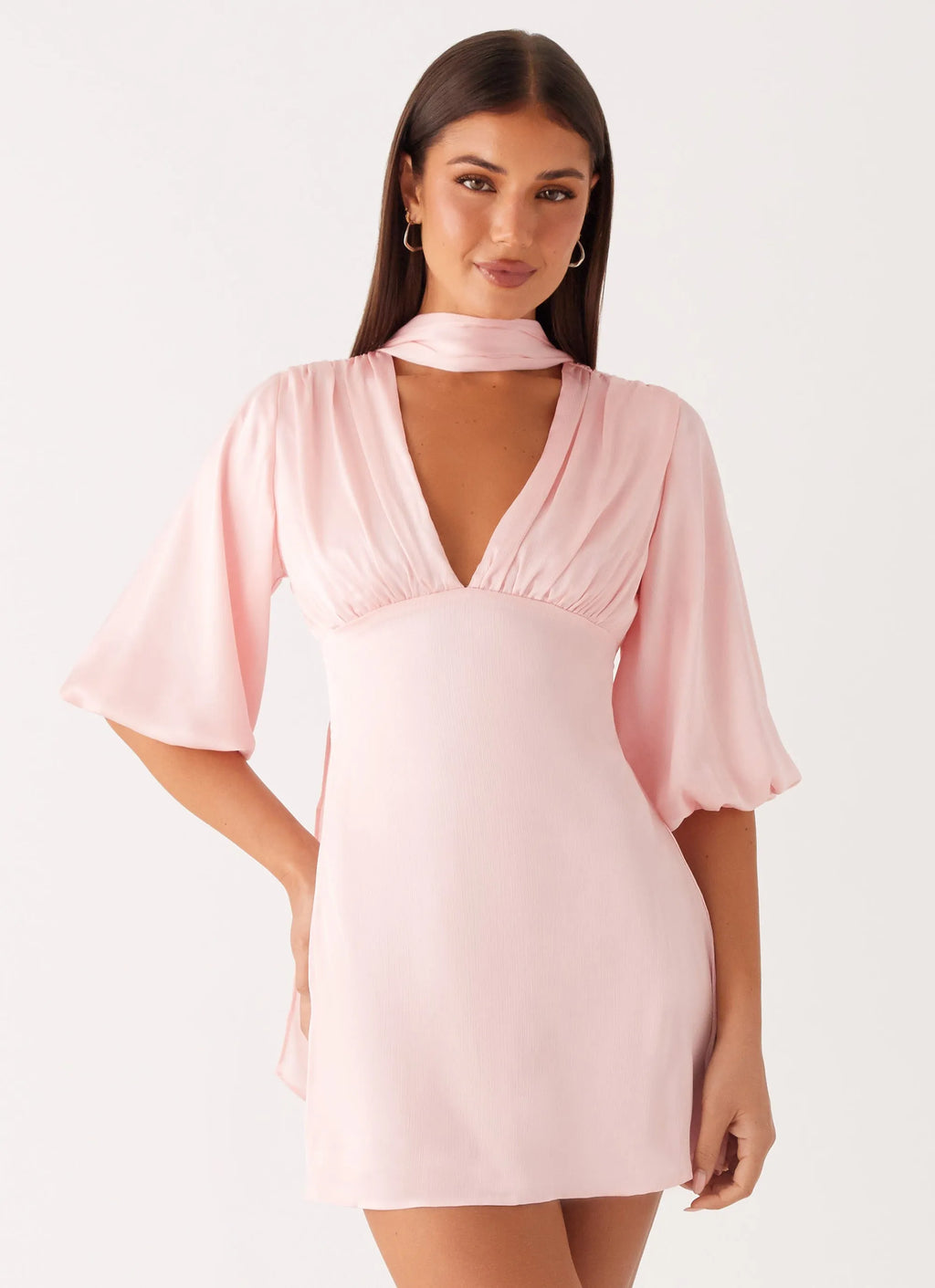 Blush Pink Homecoming Dress with Halter Neckline Deep V Cut Bell Sleeves and Tie - Back Detail