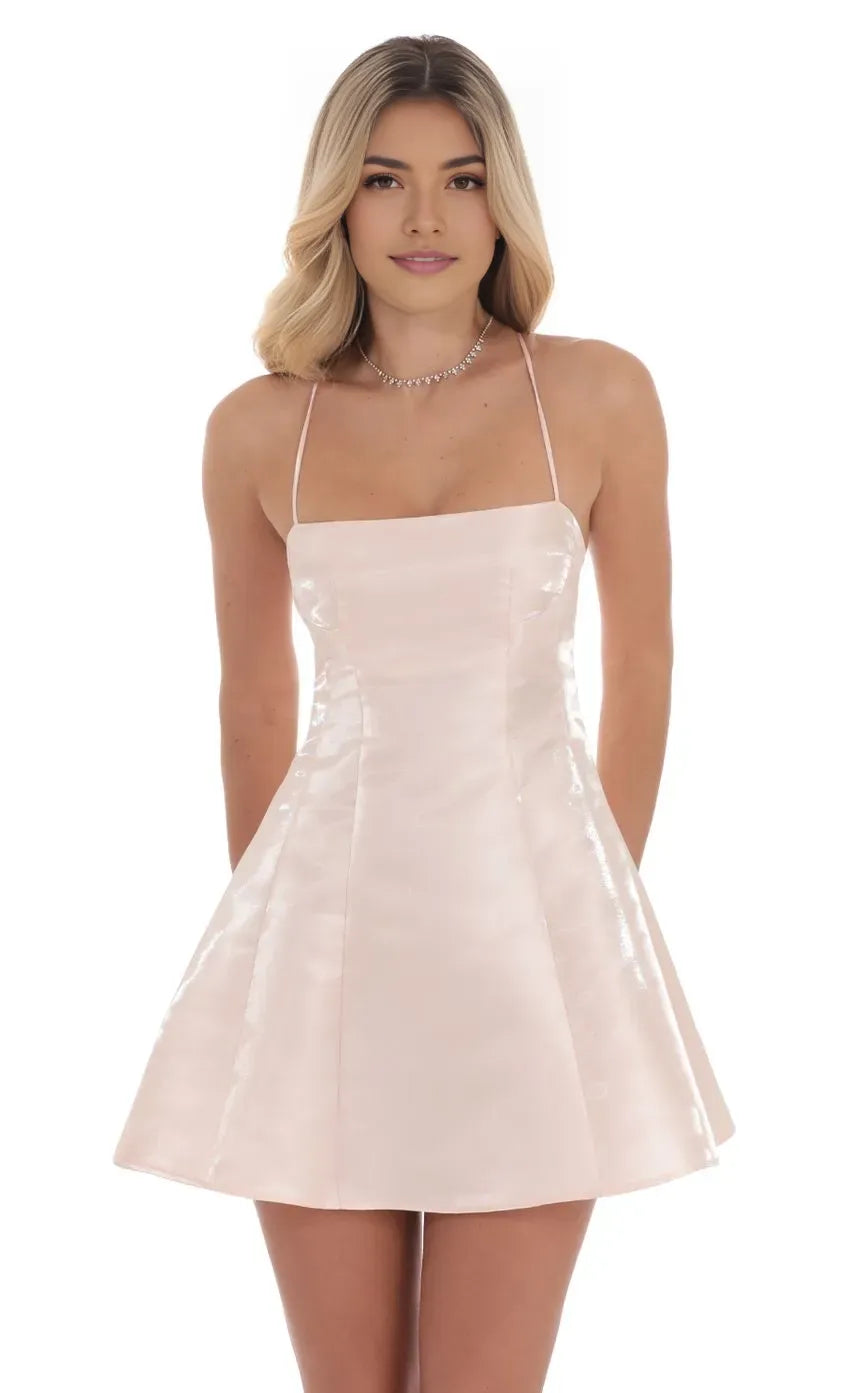 Blush Pink Homecoming Dress with Spaghetti Straps Square Neckline Flared Mini Skirt Perfect for School Dances