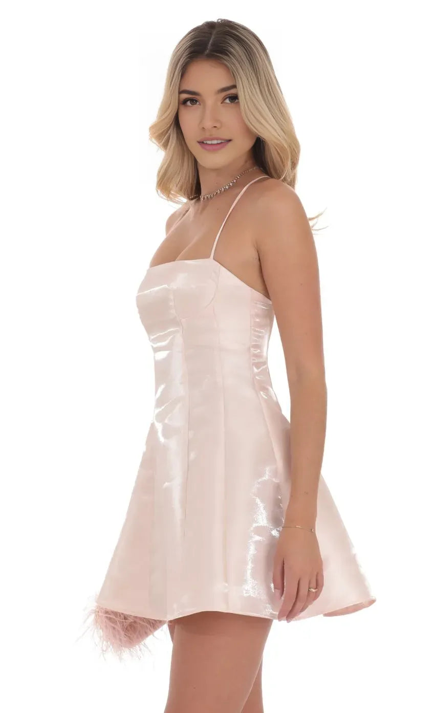 Blush Pink Homecoming Dress with Spaghetti Straps Square Neckline Flared Mini Skirt Perfect for School Dances