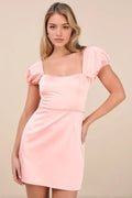 Blush Pink Homecoming Dress with Square Neckline Puff Sleeves and Pearl Detailing Designed to Elevate Your School Dance Elegance