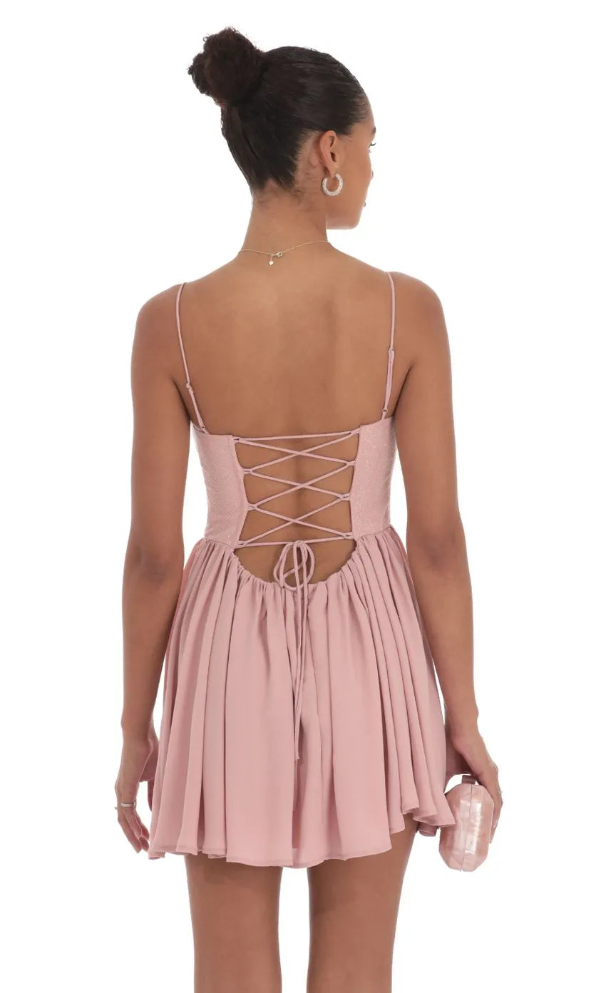 Blush Pink Bodice Homecoming Dress with Spaghetti Straps Square Neckline Asymmetric Flared Skirt