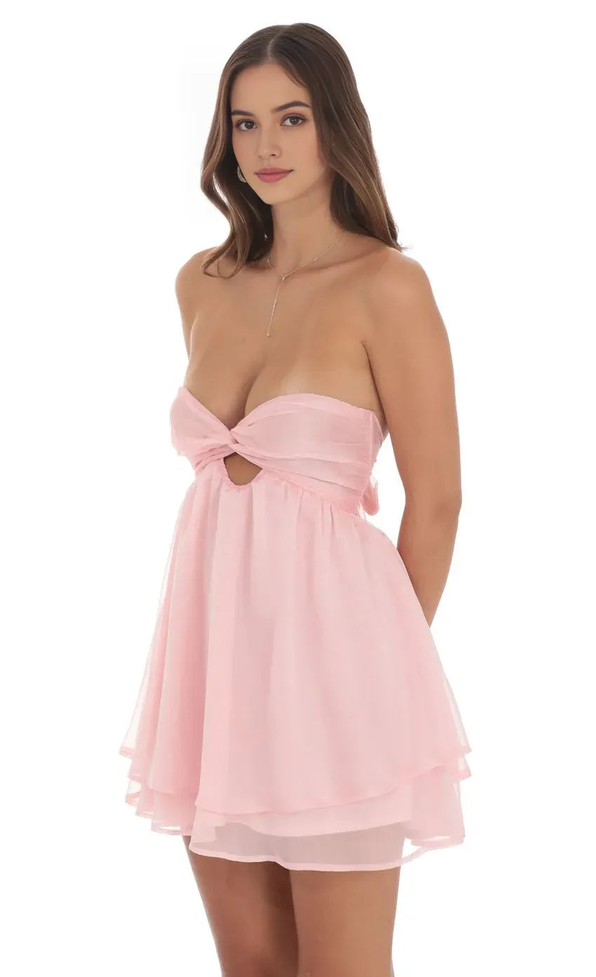 Blush Pink Strapless Homecoming Dresses with Cut Out Detail Perfect for Homecoming School Dances