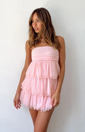 Blush Pink Strapless Homecoming Dress with Tiered Ruffles Bandeau Neckline Flowy Silhouette Perfect for School Dances