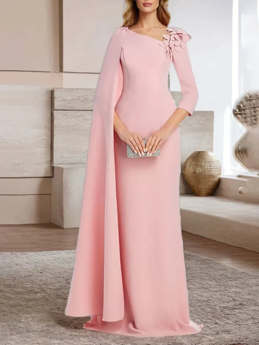 Elegant Pink Column Classic-Neck Classic-Sleeve Classic-Back Floor-Length Prom Dress