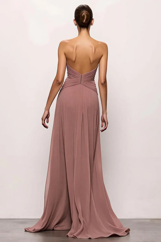 Elegant Red Slit A-Line Strapless Classic-Sleeve Backless Floor-Length Evening Dress