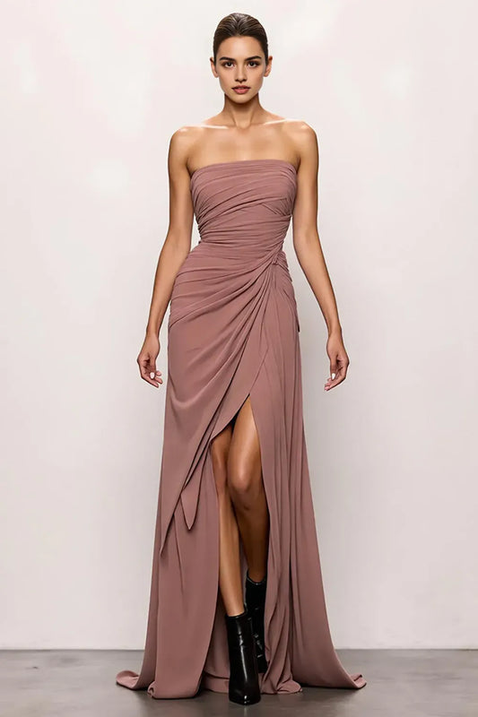 Elegant Red Slit A-Line Strapless Classic-Sleeve Backless Floor-Length Evening Dress
