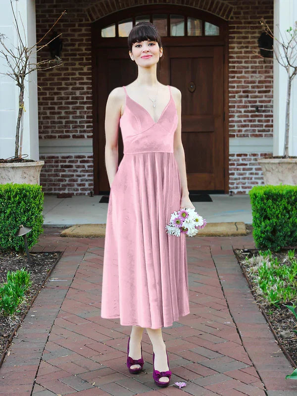 Spaghetti Straps A-line V-neck Midi Dresses