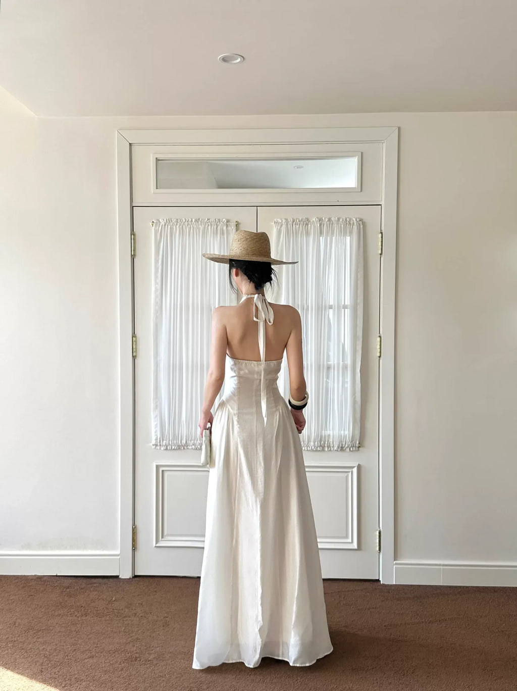 White Bohemian A-Line Halter-Neck Draped Long Evening Dresses