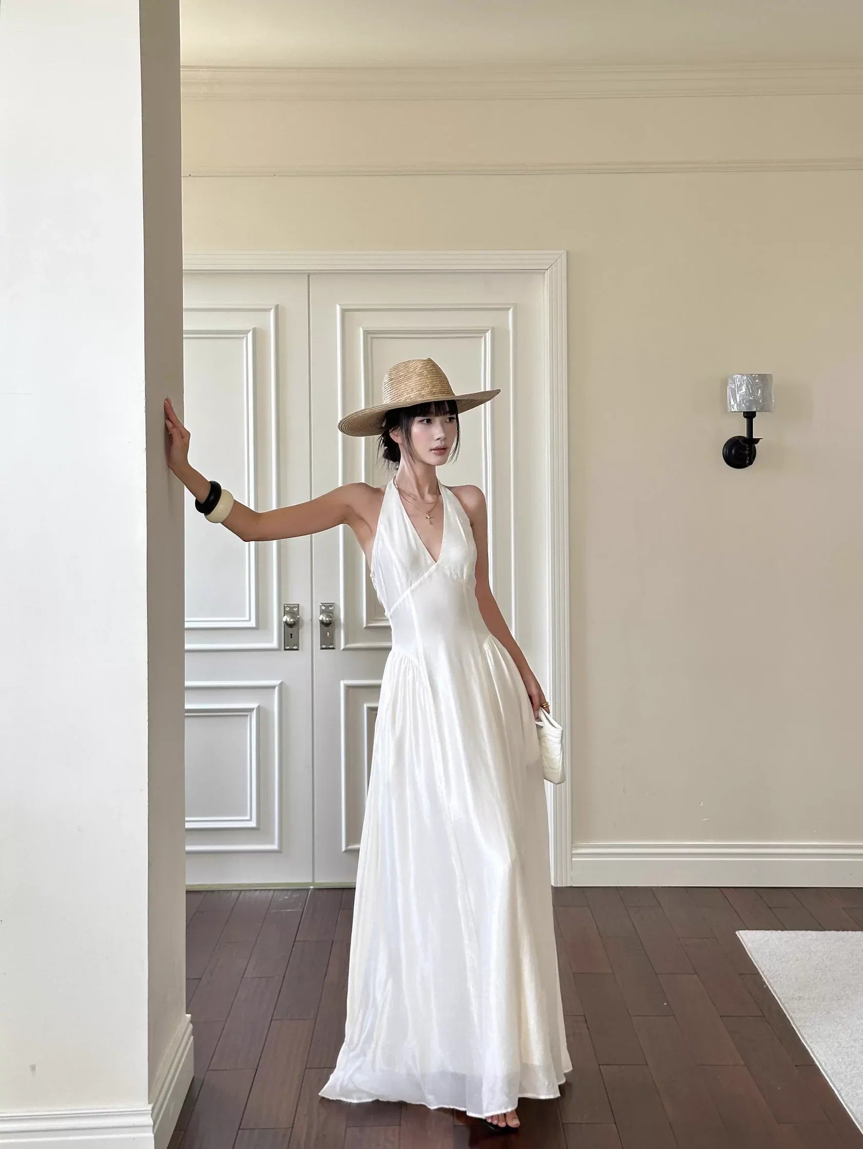 White Bohemian A-Line Halter-Neck Draped Long Evening Dresses