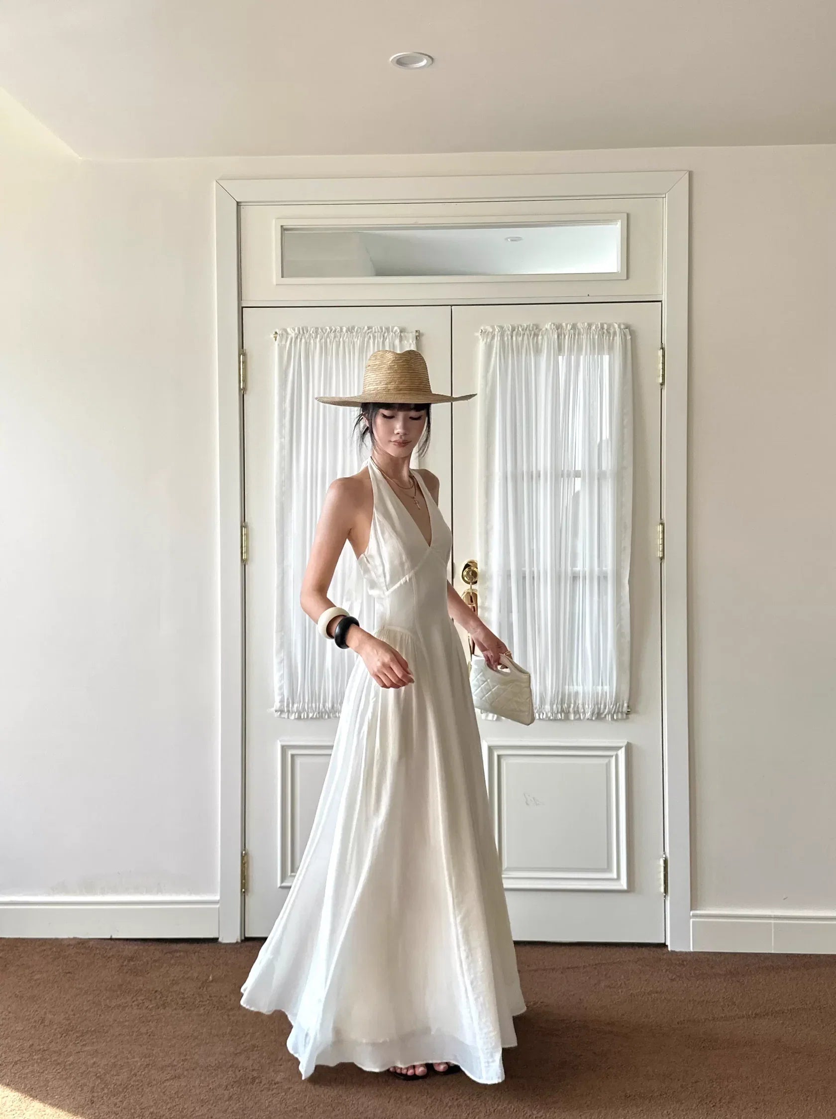 White Bohemian A-Line Halter-Neck Draped Long Evening Dresses