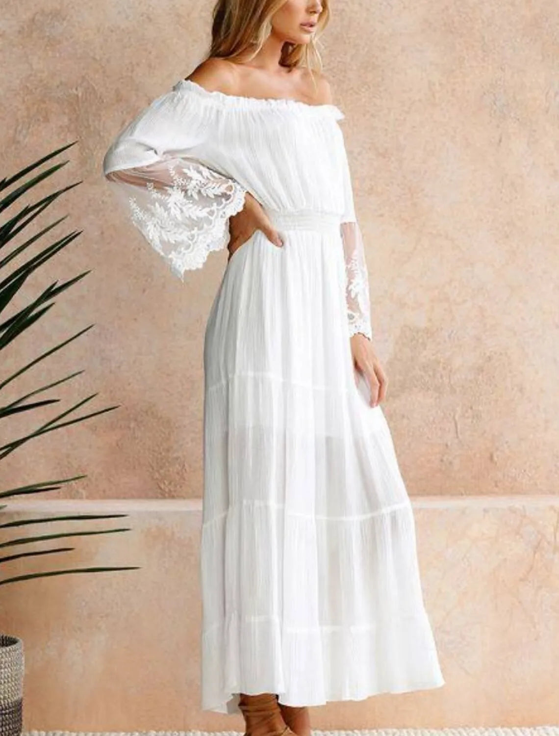 White Bohemian A-Line Off-Shoulder 3/4 Sleeve Maxi Prom Dress