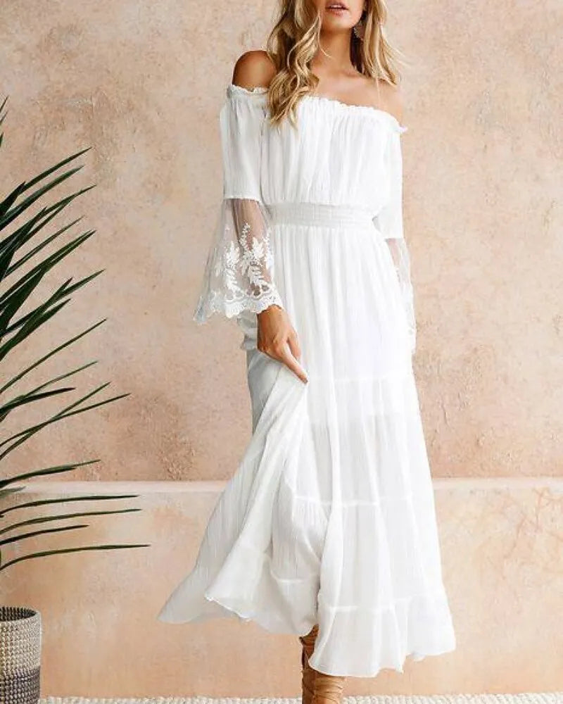 White Bohemian A-Line Off-Shoulder 3/4 Sleeve Maxi Prom Dress
