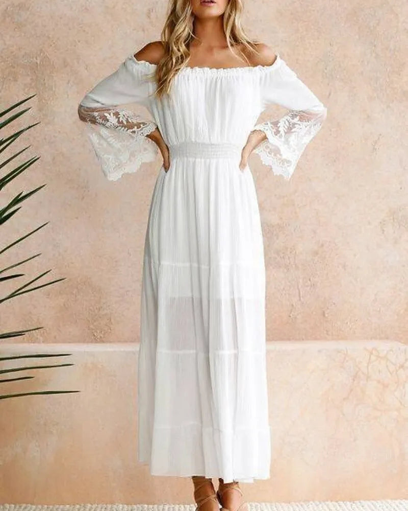 White Bohemian A-Line Off-Shoulder 3/4 Sleeve Maxi Prom Dress