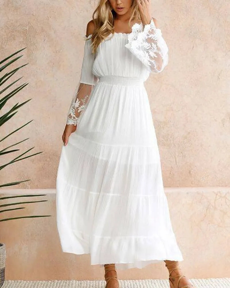 White Bohemian A-Line Off-Shoulder 3/4 Sleeve Maxi Prom Dress