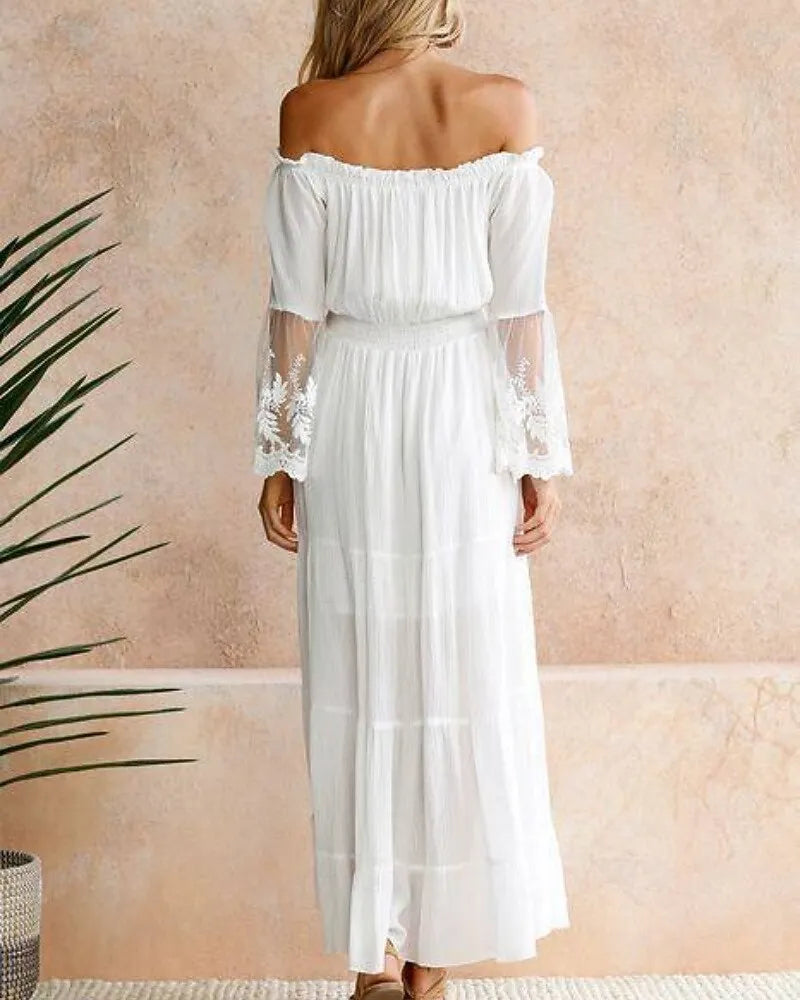 White Bohemian A-Line Off-Shoulder 3/4 Sleeve Maxi Prom Dress