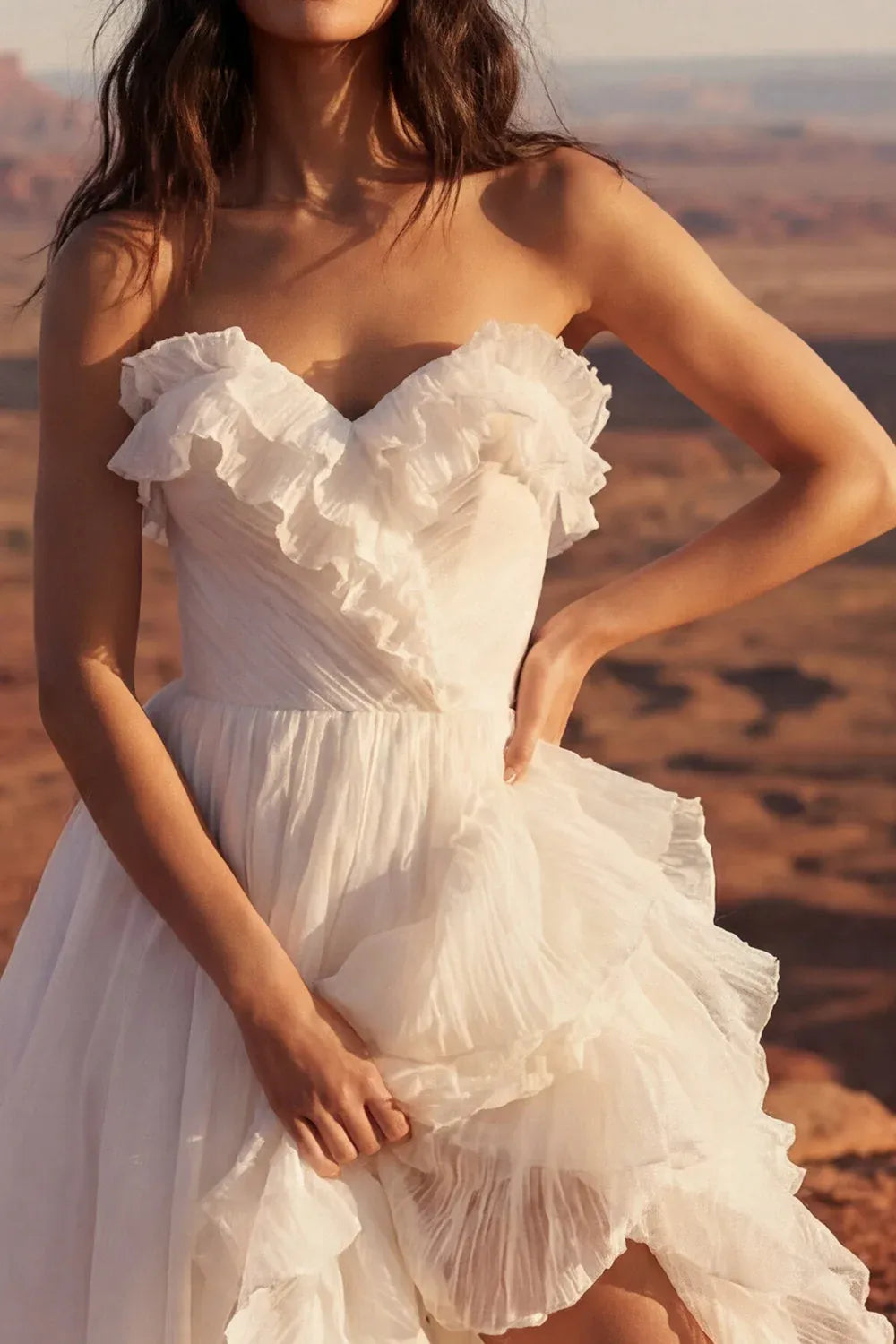 Ivory Bohemian A-Line Strapless Ruffled Ruched Train Wedding Dress